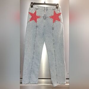 Jeans Blue Y2K Red Star High Waist  Front Faux Pckts Terry Cloth Star Retro S